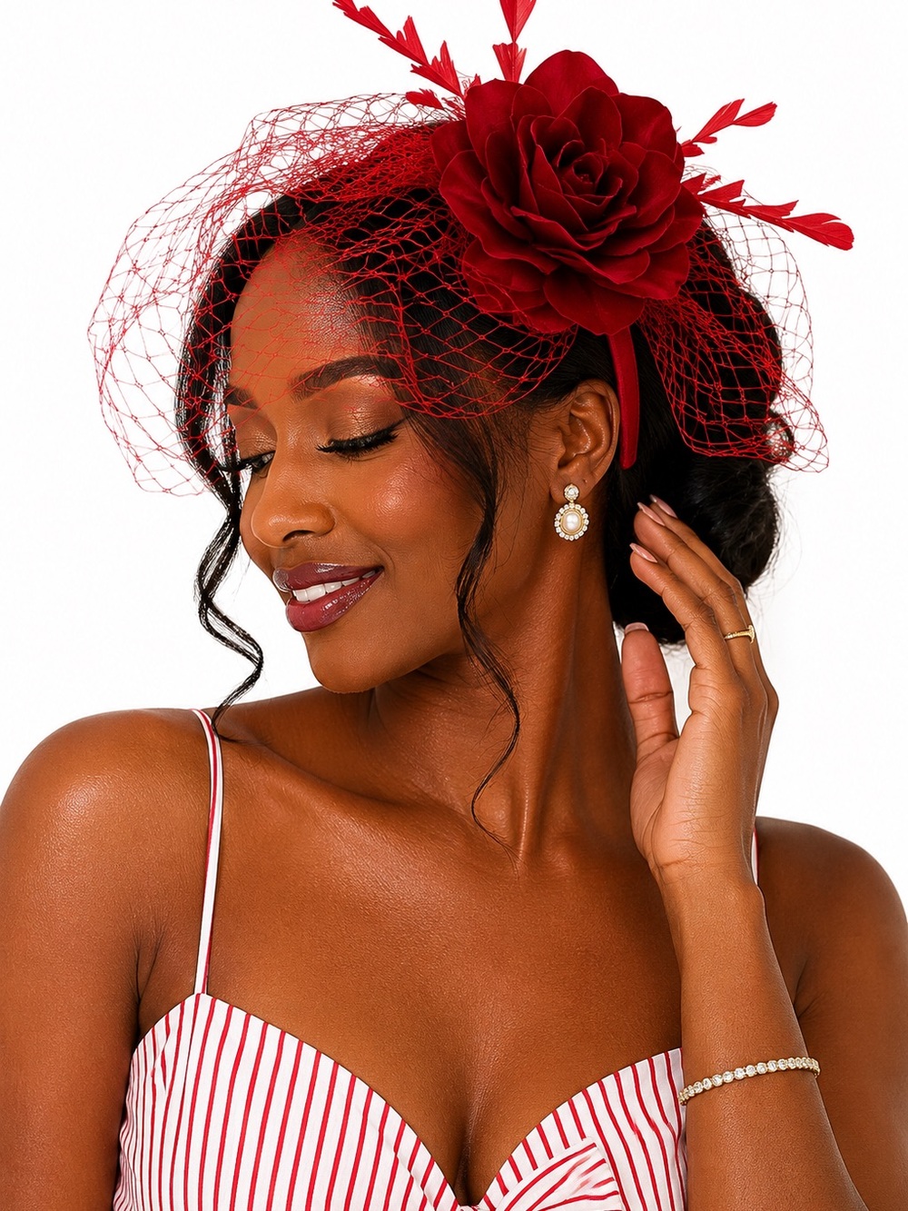 Bellissima Collection Red Velvet Rose Fascinator Headband Veil